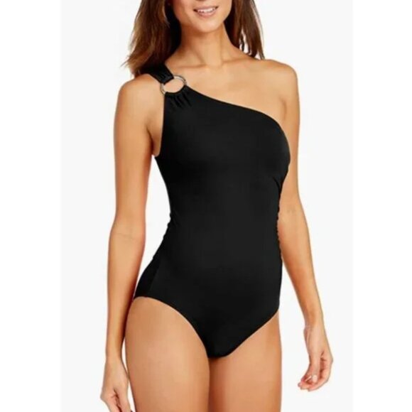 MICHAEL Michael Kors Women's Iconic Solids One Shoulder Swimsuit Black Sze 4 NWT - Picture 1 of 7